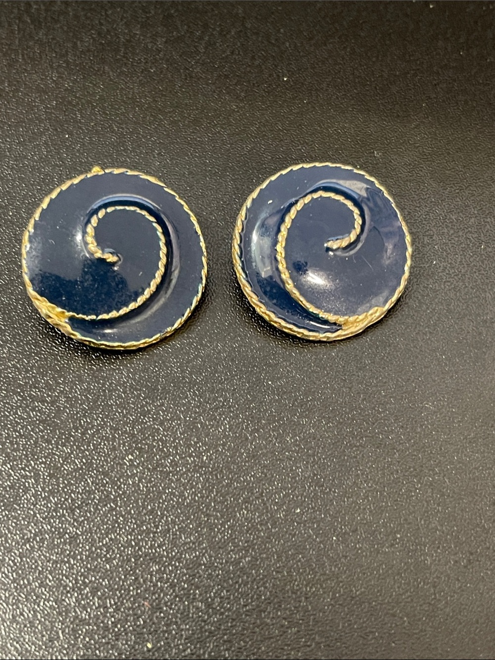 Navy Enamel and Gold Swirl Clip-On Earrings